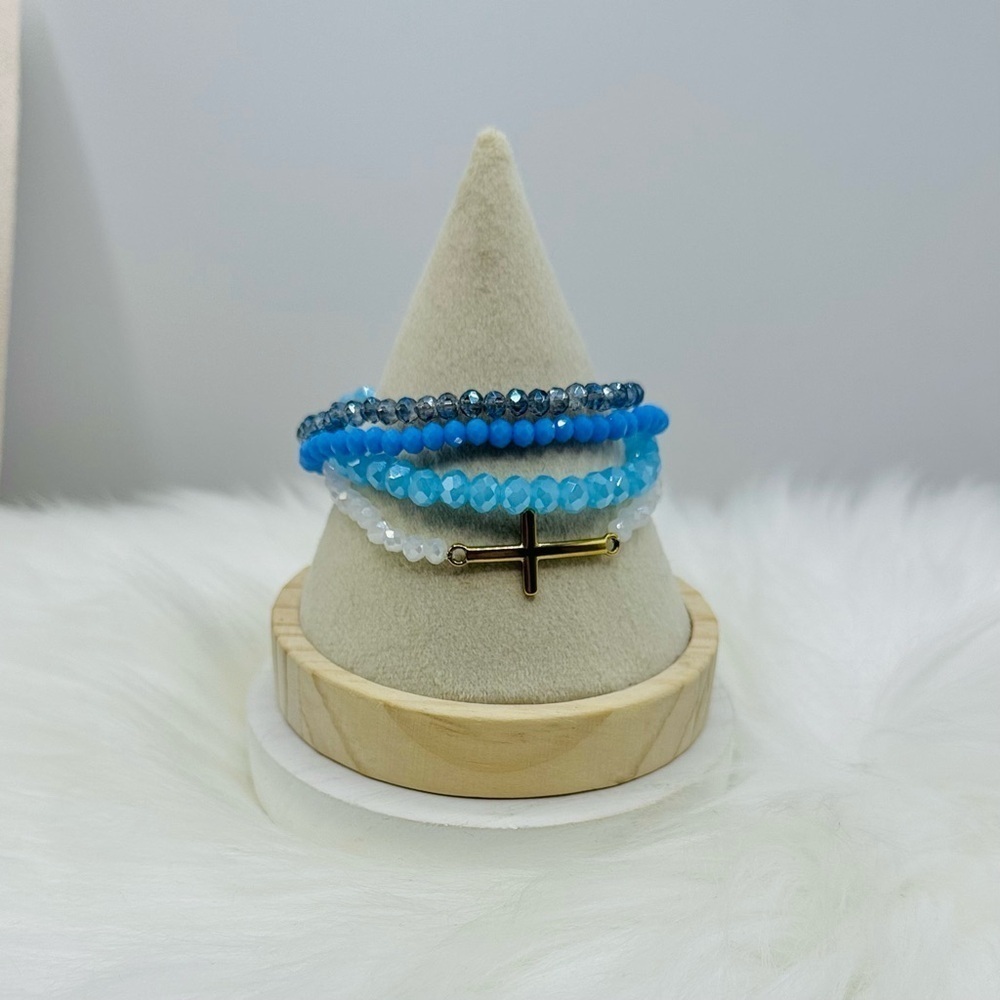 Stainless Steel Cross beaded Arm Candy Bracelet - Blue Sky Theme - Picture 7 of 8